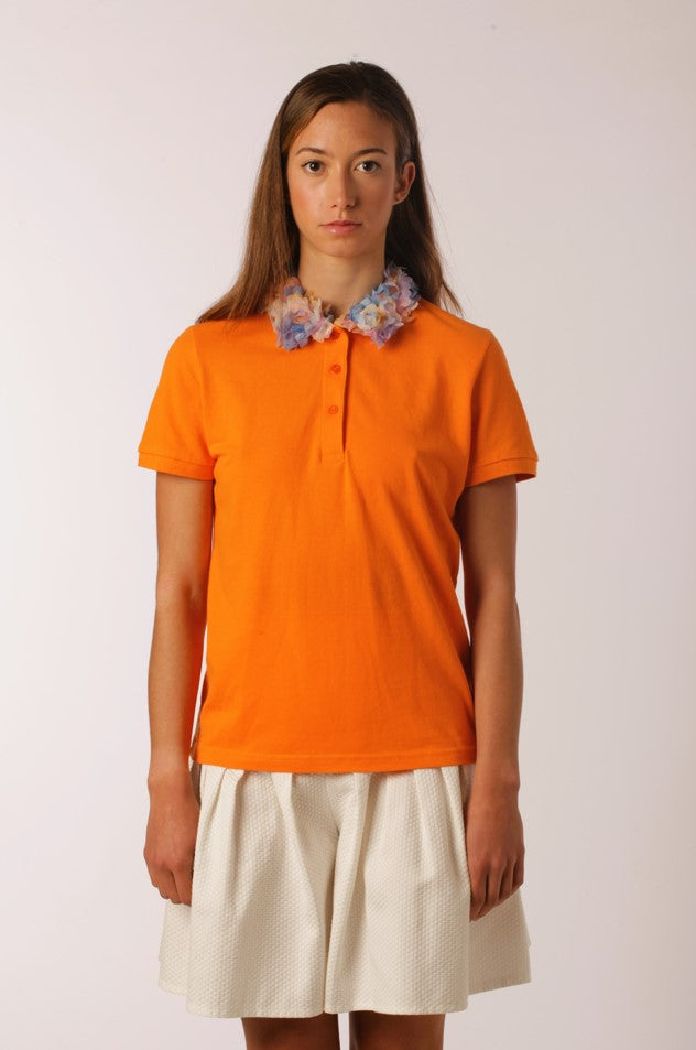 Orange Cotton Pique Polo Shirt with Flower Collar