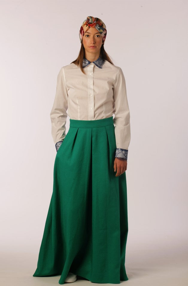Emerald Pique Long Skirt with Pleats