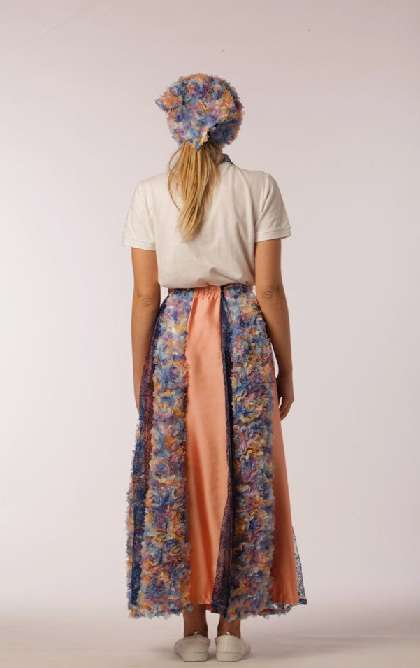 Long Skirt in Peach Cady, Blue Lace and 3d Flowers