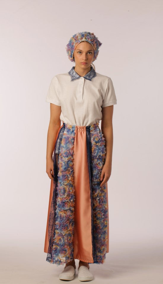Long Skirt in Peach Cady, Blue Lace and 3d Flowers