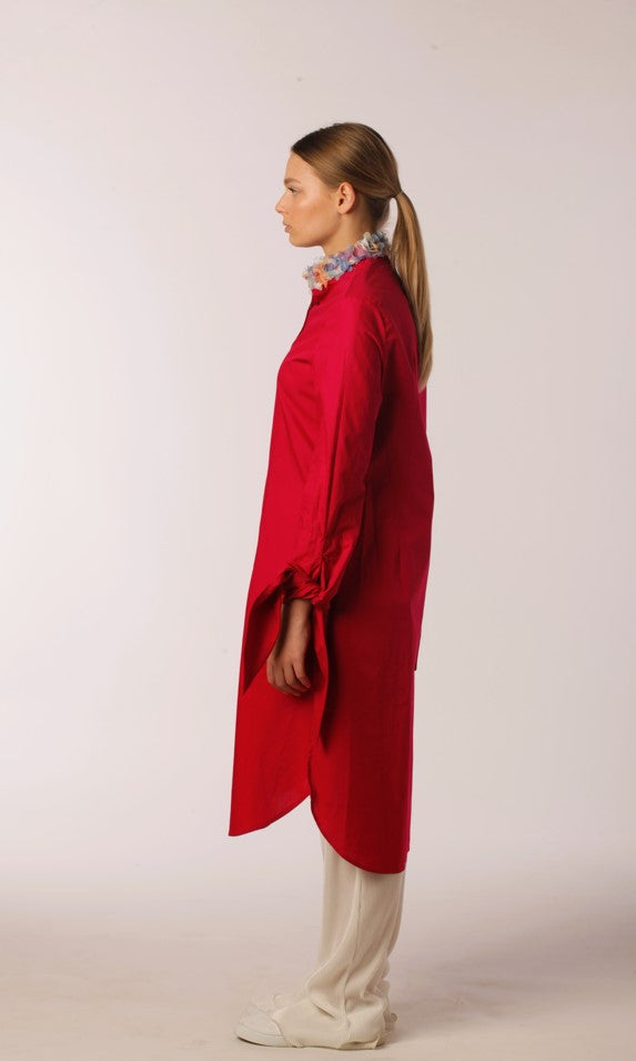 Strawberry Long Shirt with Bow Sleeve and Flower Collar