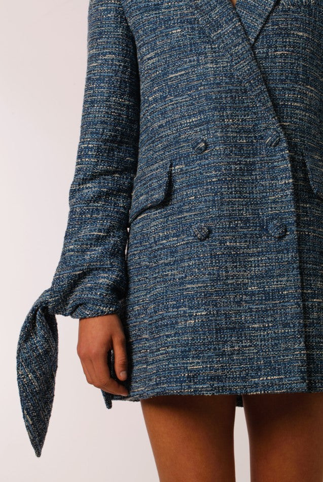 Blue Tweed Double-breasted Blazer with Bow Sleeve