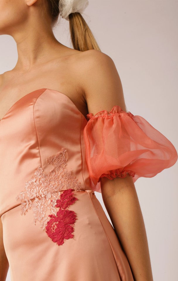 Peach Cady Dress with Detached Organza Sleeve and Laces