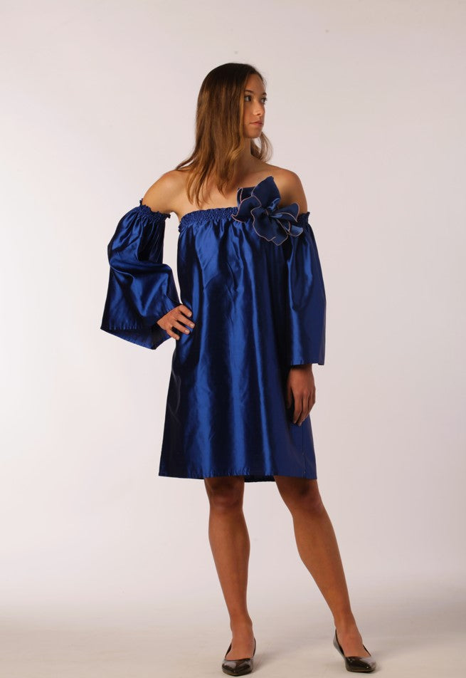 Electric Blue Shantung Dress with 3d Flowers