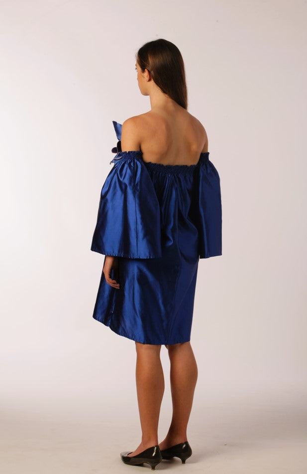 Electric Blue Shantung Dress with 3d Flowers
