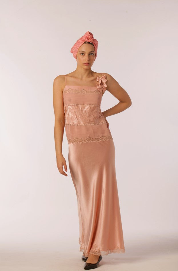 Lond Dress in Pink Satin, Georgette and Laces