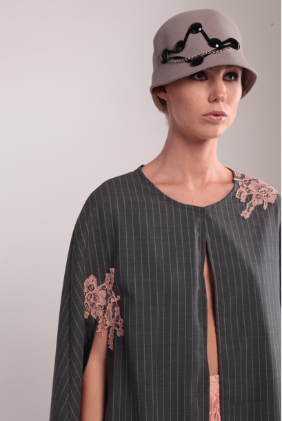Gray Pinstripe Cape with pink lace detail