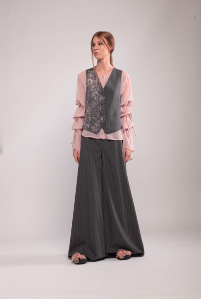 Gray Pinstripe Vest with pink tattoo print