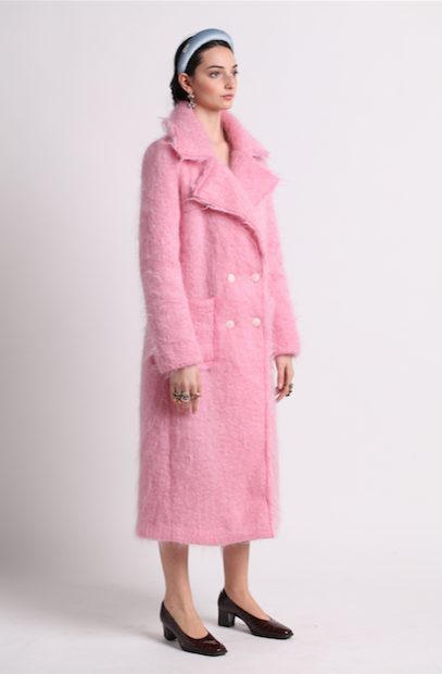 Double-breasted mohair and wool pink coat